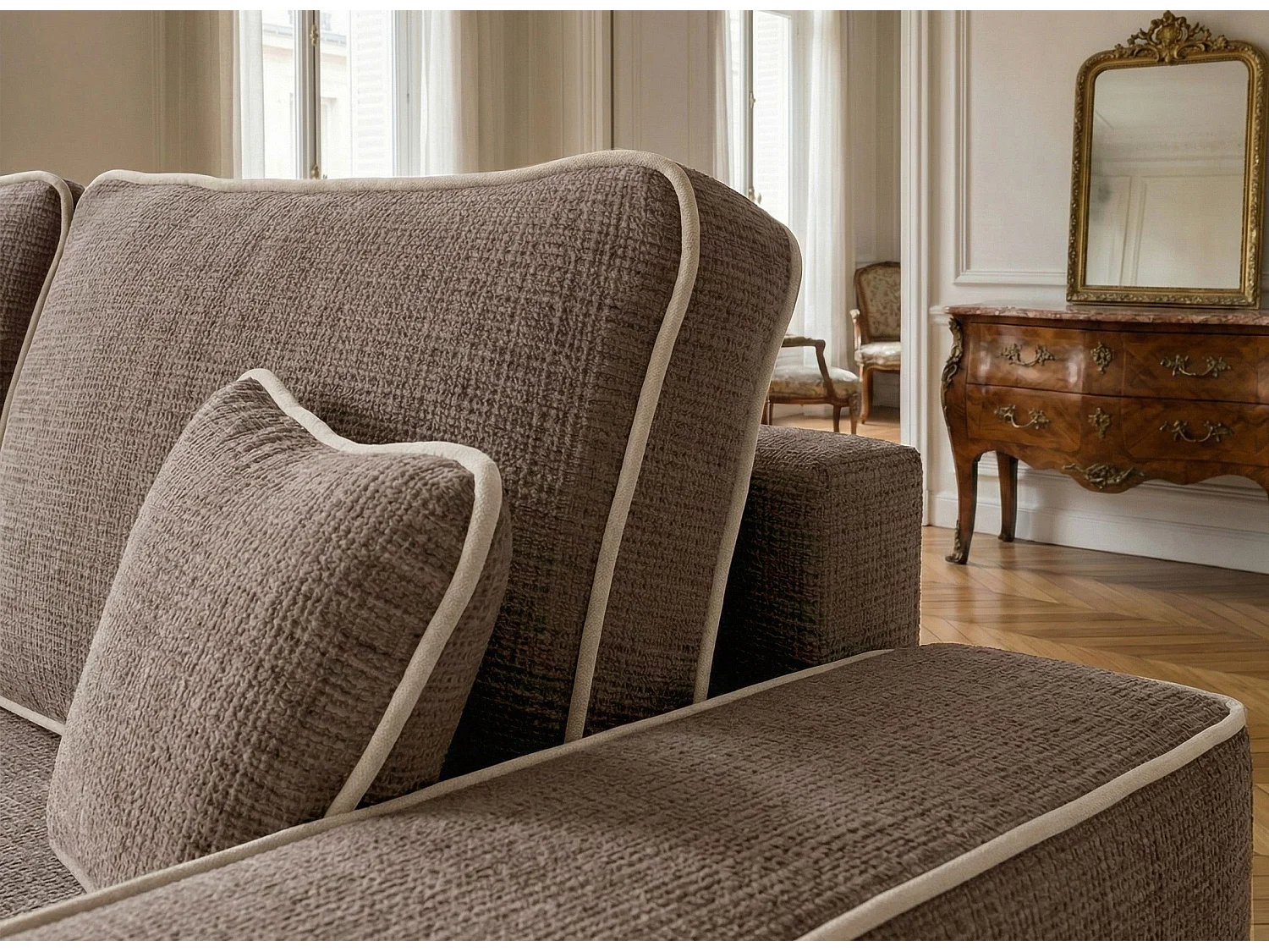 Canapé d'angle gauche convertible en tissu chenille brun-beige MODO