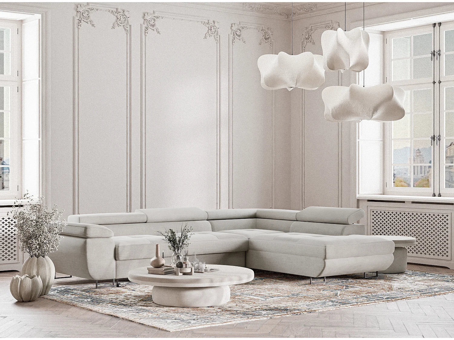 Canapé d'angle droit convertible en tissu chenille beige gris CONCORD