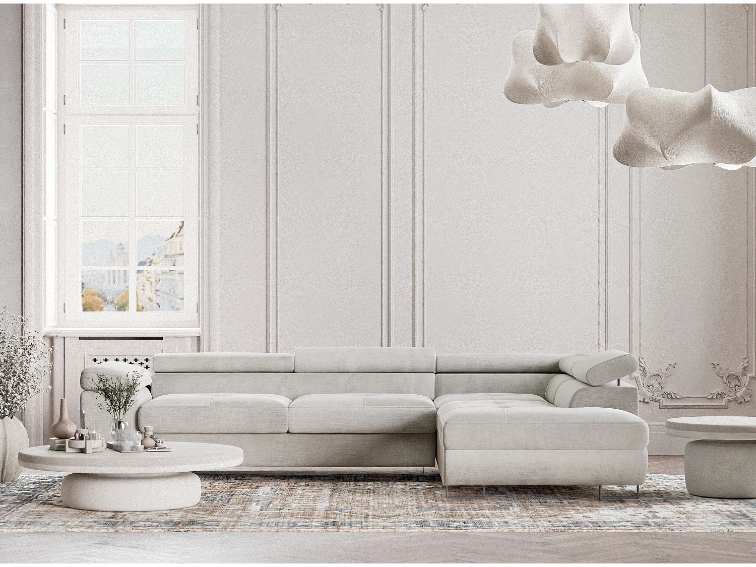 Canapé d'angle droit convertible en tissu chenille beige gris CONCORD