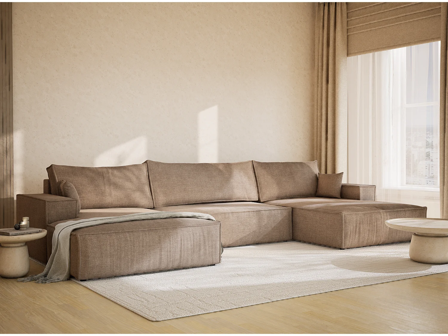 Canapé d'angle panoramique avec fonction lit en tissu chenille brun gris KYOTO