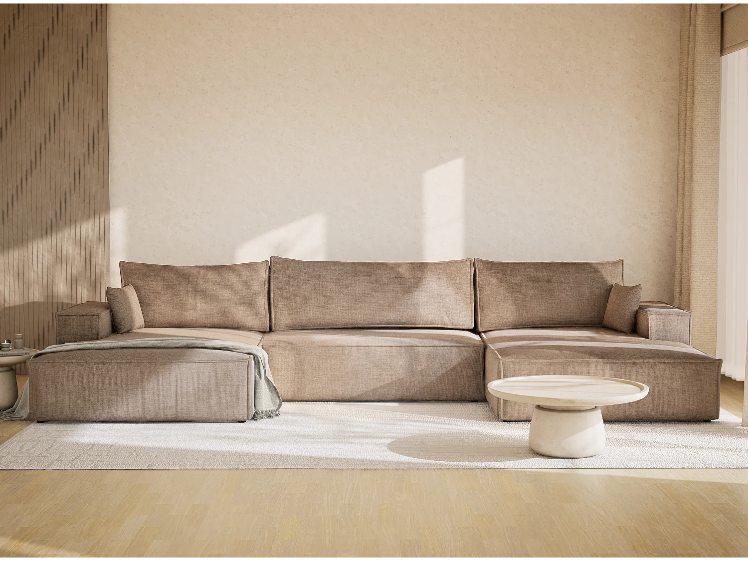 Canapé d'angle panoramique avec fonction lit en tissu chenille brun gris KYOTO