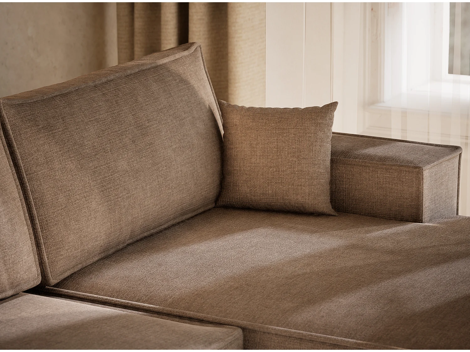 Canapé d'angle panoramique avec fonction lit en tissu chenille brun gris KYOTO