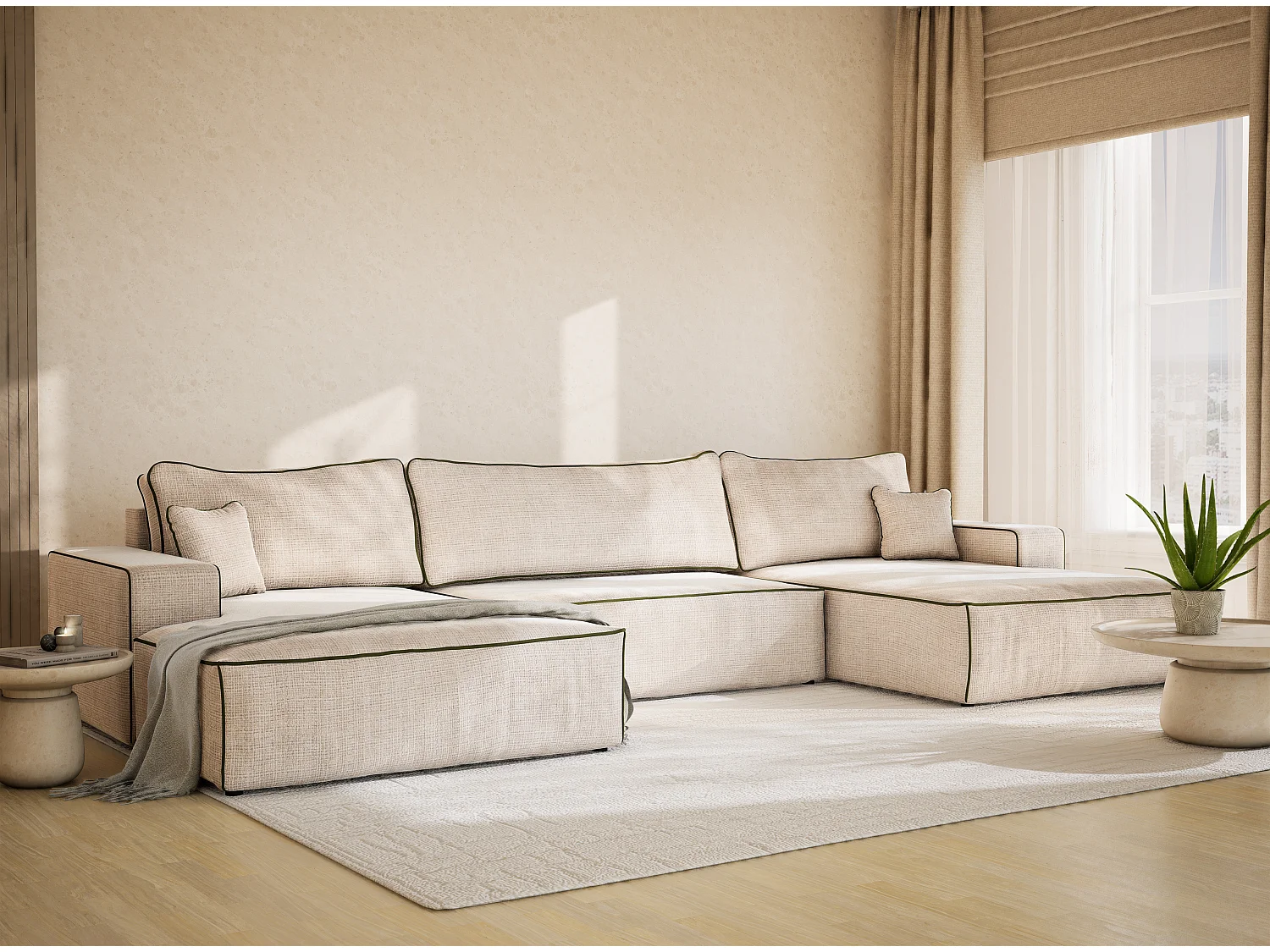 Canapé d'angle panoramique convertible en tissu chenille creme-vert olive DESEO