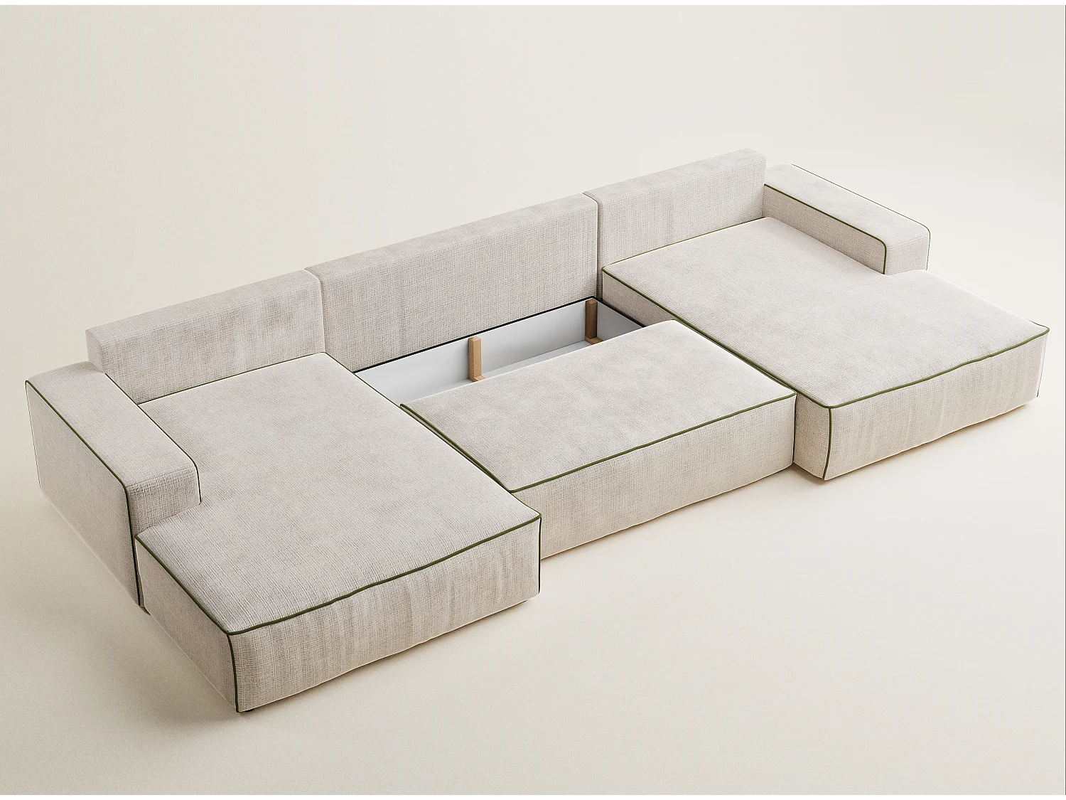 Canapé d'angle panoramique convertible en tissu chenille creme-vert olive DESEO