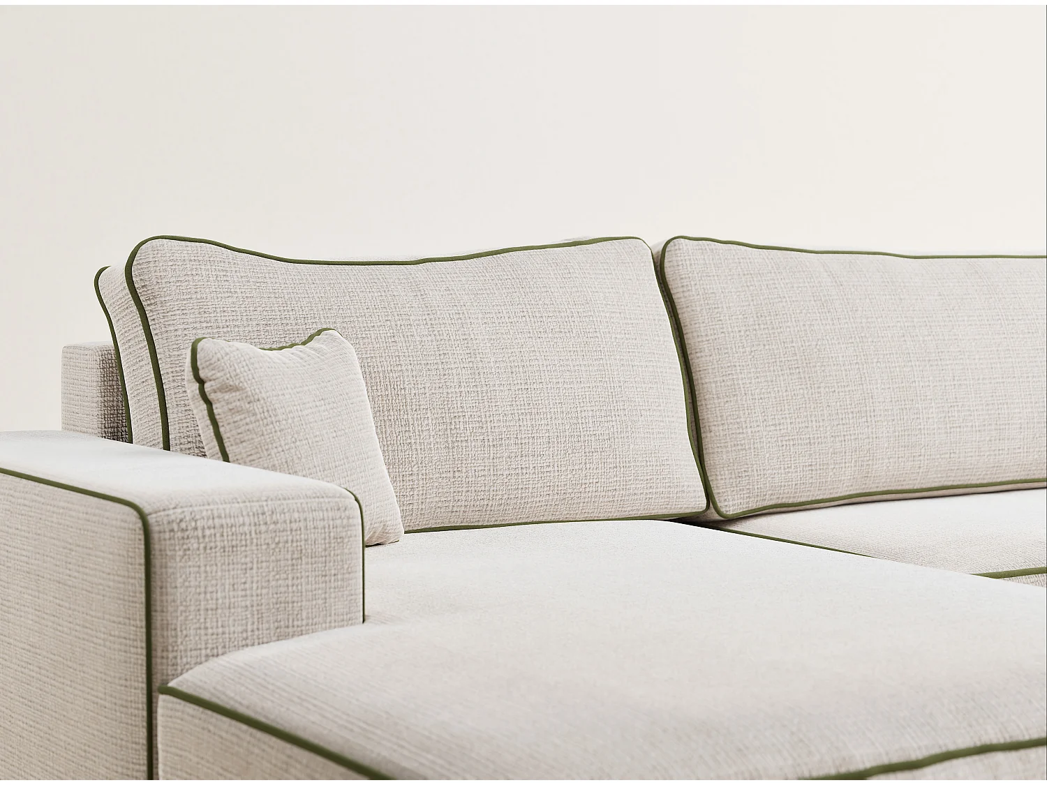 Canapé d'angle panoramique convertible en tissu chenille creme-vert olive DESEO