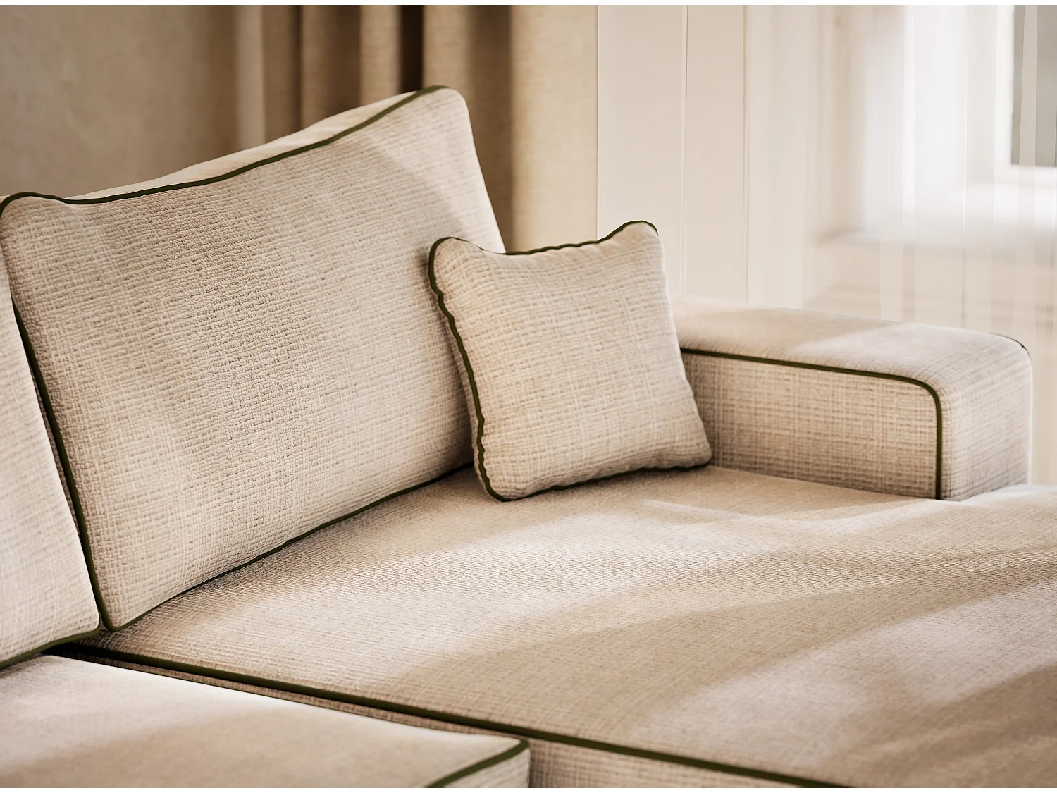 Canapé d'angle panoramique convertible en tissu chenille creme-vert olive DESEO