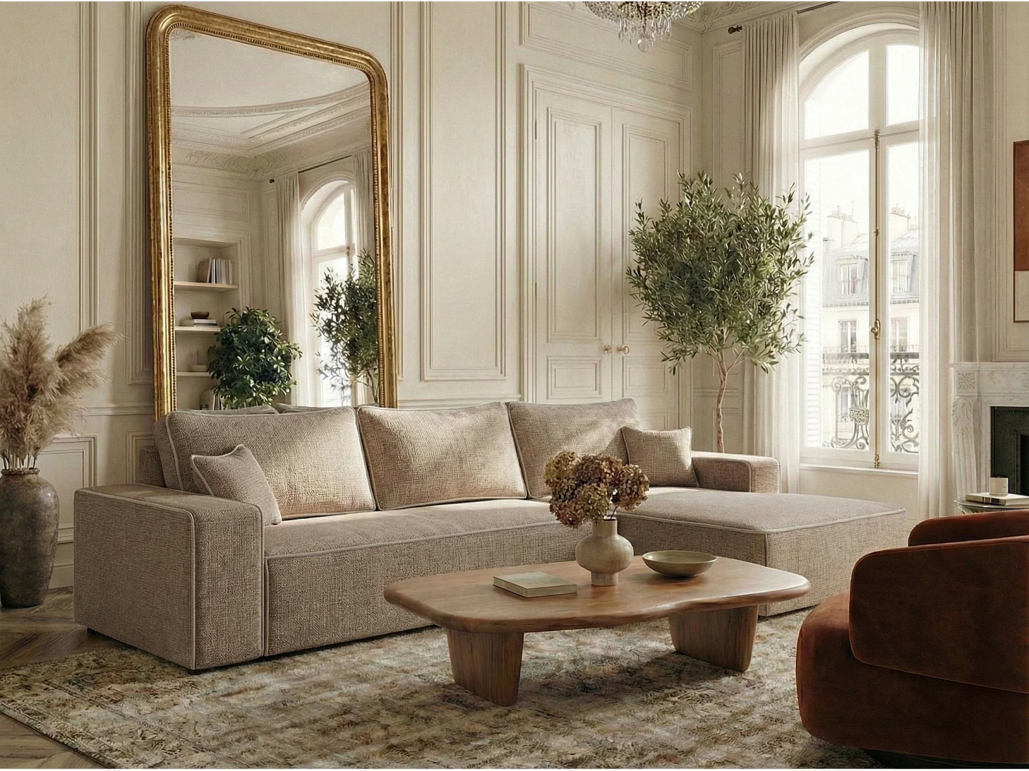 Canapé d'angle droit convertible en tissu chenille beige MODO