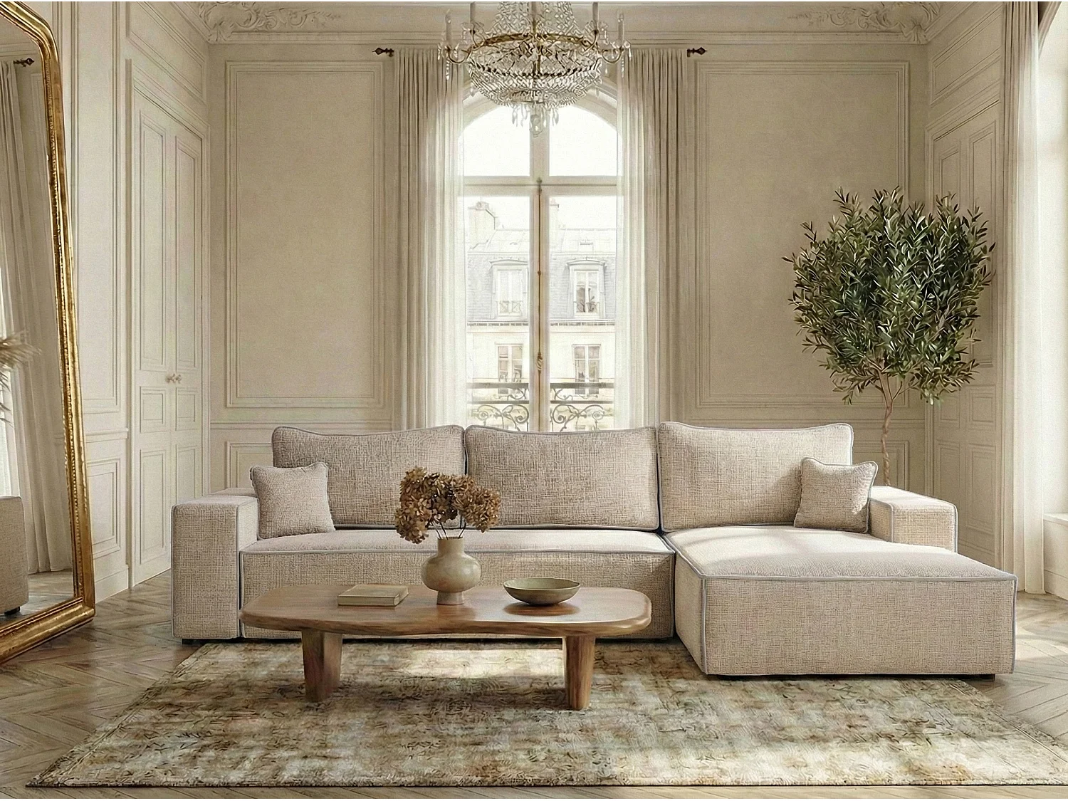 Canapé d'angle droit convertible en tissu chenille beige MODO