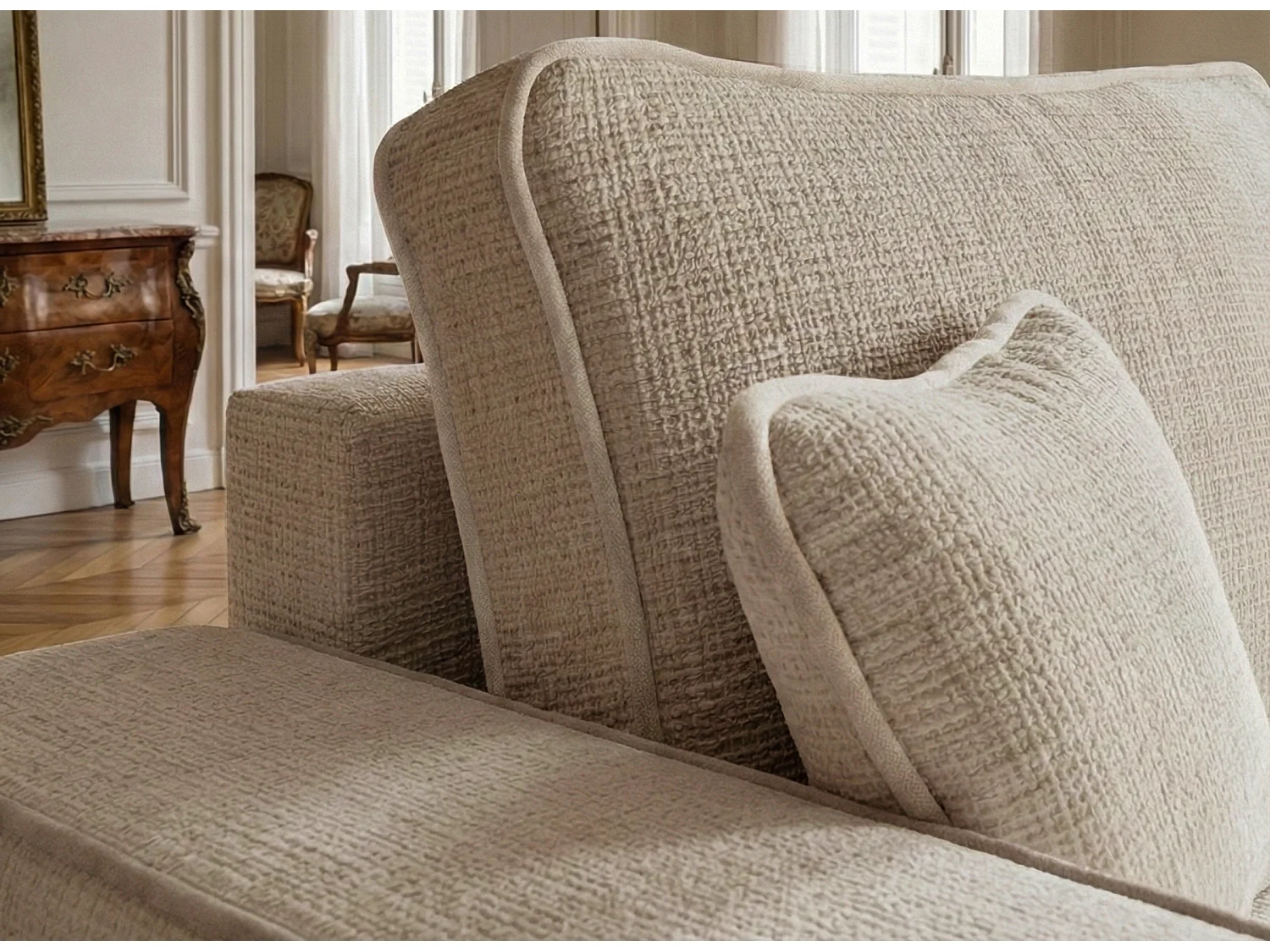 Canapé d'angle droit convertible en tissu chenille beige MODO