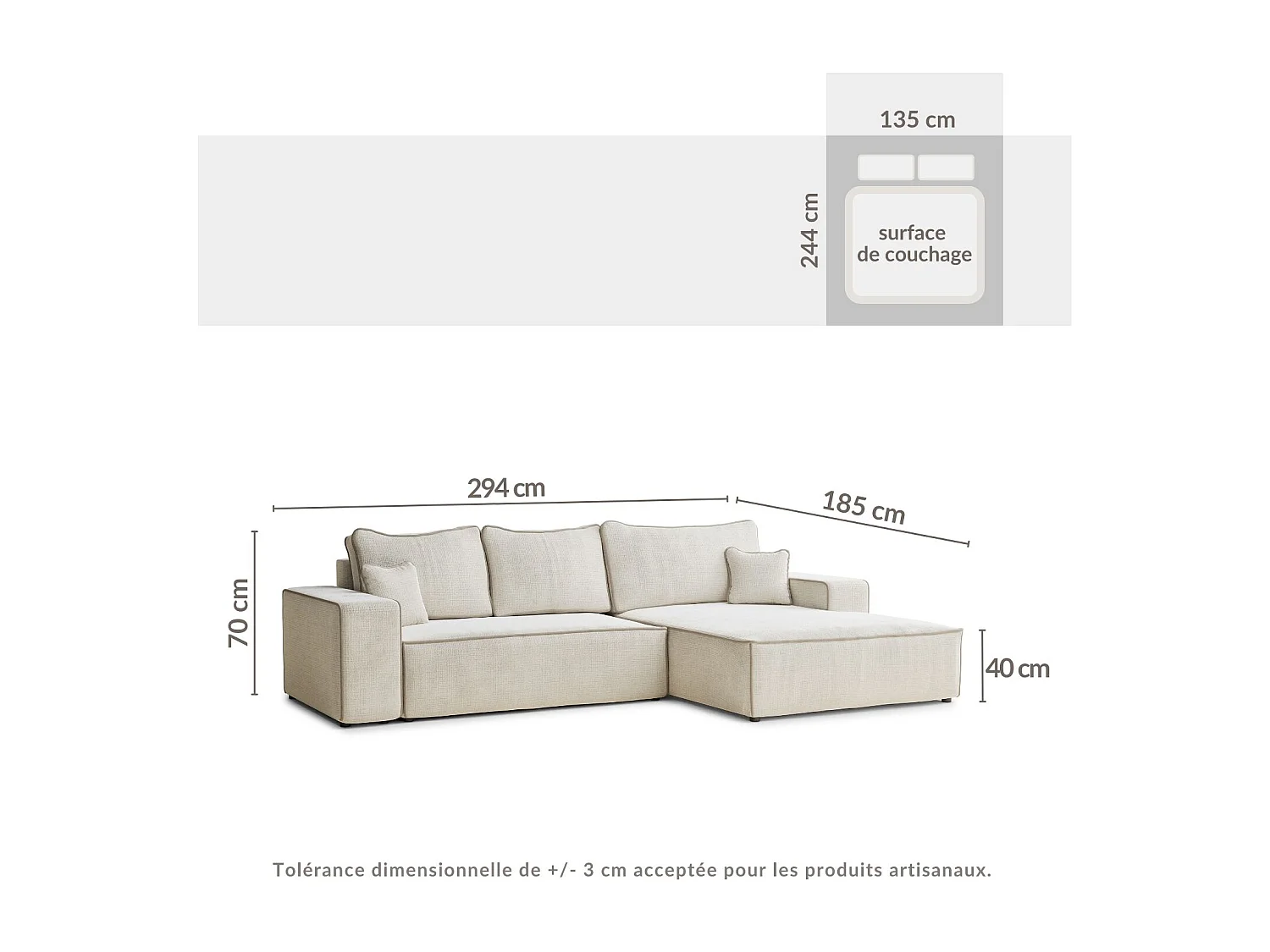 Canapé d'angle droit convertible en tissu chenille beige MODO