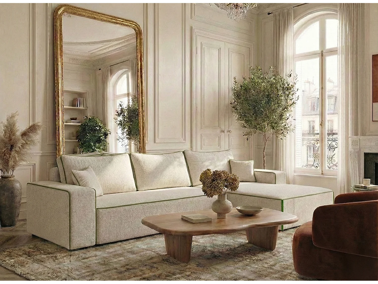 Canapé d'angle droit convertible en tissu chenille creme-vert olive MODO