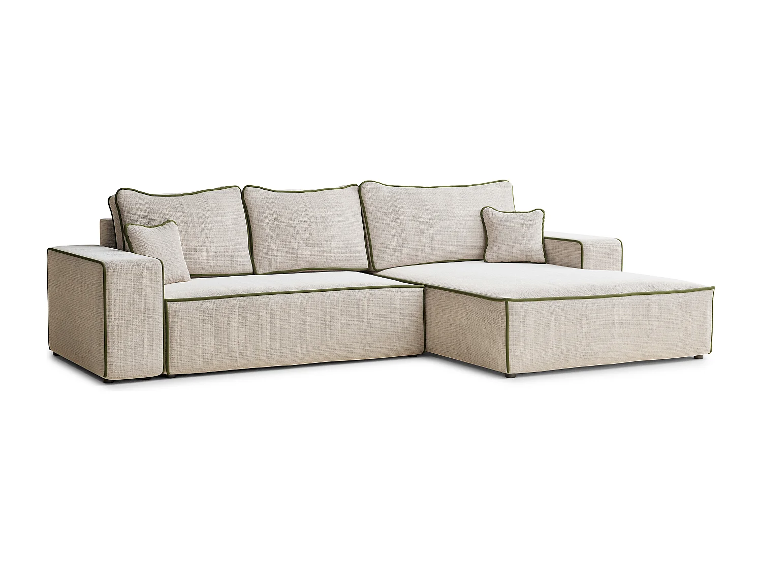 Canapé d'angle droit convertible en tissu chenille creme-vert olive MODO