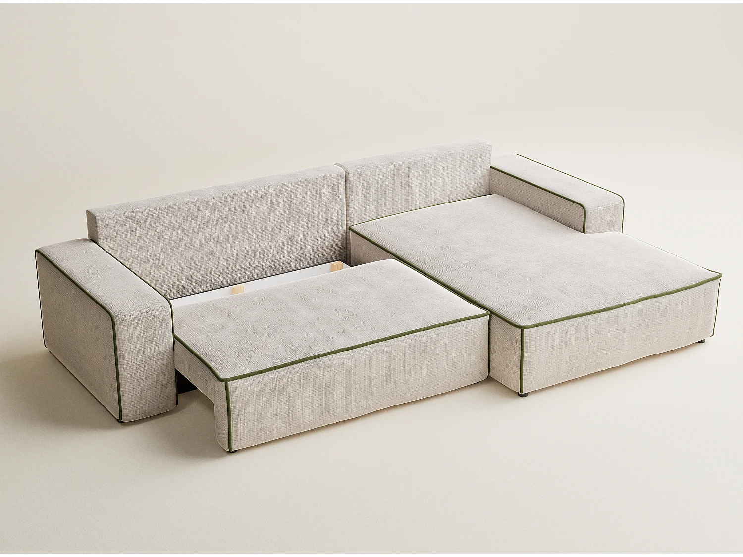 Canapé d'angle droit convertible en tissu chenille creme-vert olive MODO