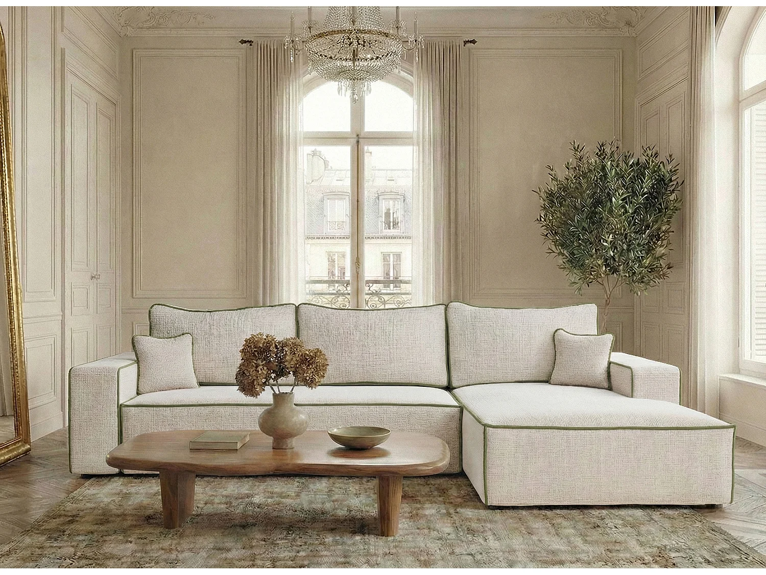 Canapé d'angle droit convertible en tissu chenille creme-vert olive MODO