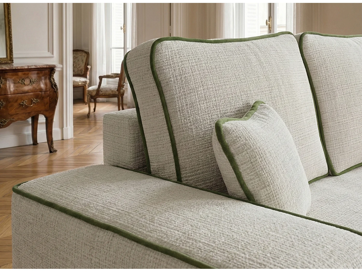 Canapé d'angle droit convertible en tissu chenille creme-vert olive MODO