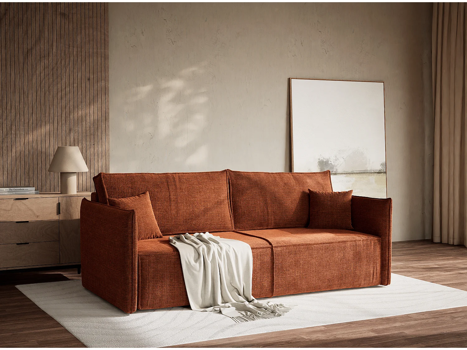 Canapé 3 places convertible en tissu chenille cuivre OBRA