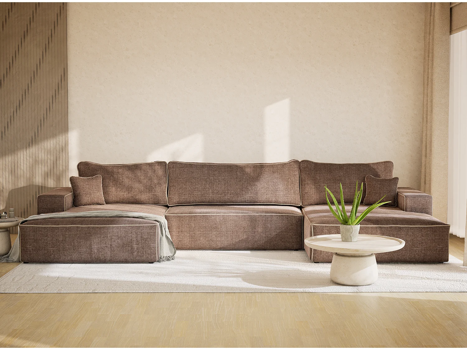 Canapé d'angle panoramique convertible en tissu chenille brun-beige DESEO