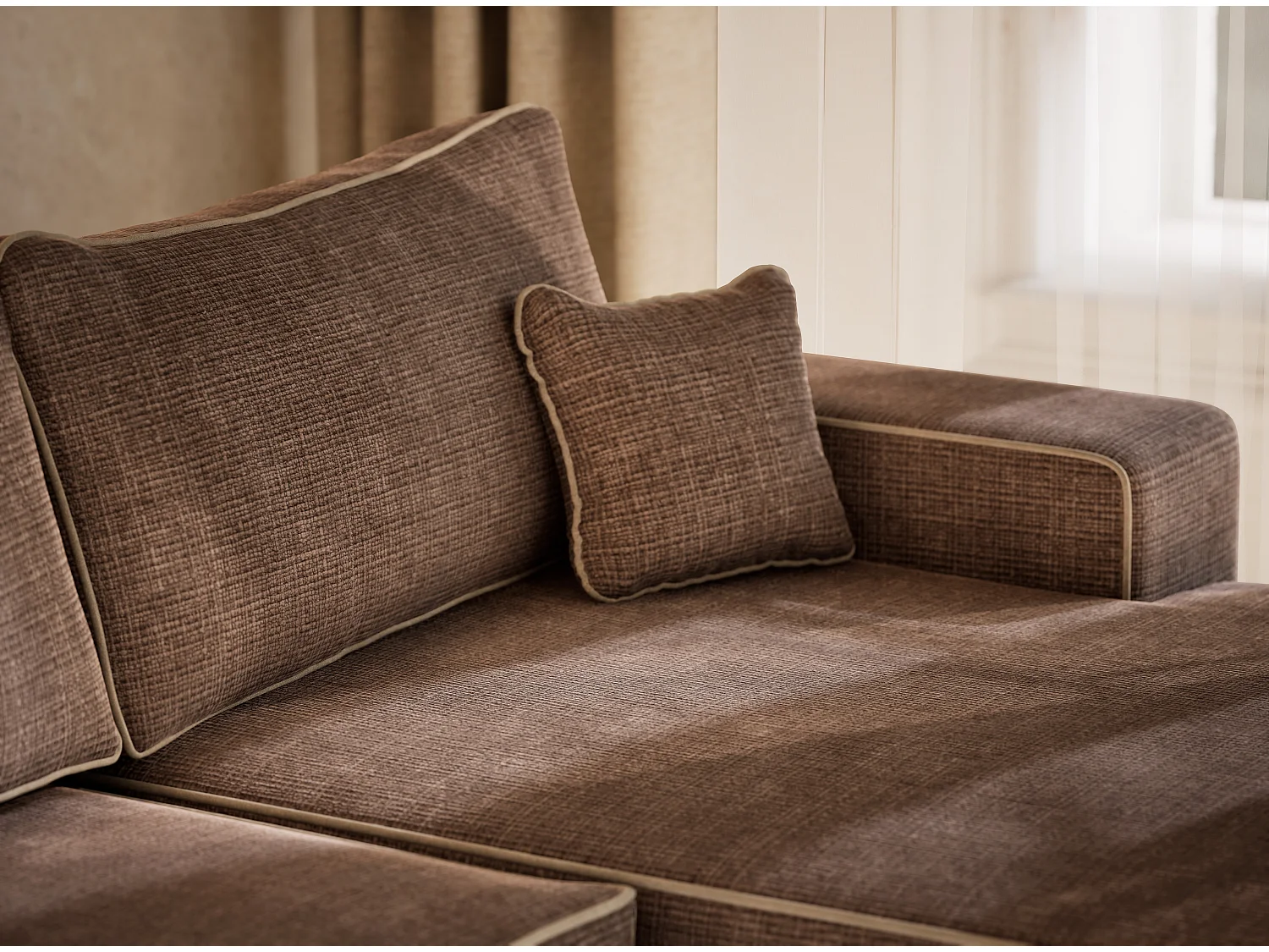 Canapé d'angle panoramique convertible en tissu chenille brun-beige DESEO