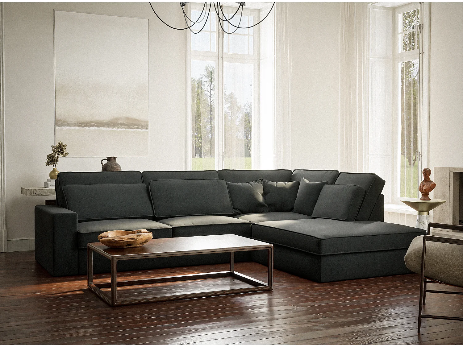 Canapé d'angle droit 5 places en tissu tressé turquoise KIROU