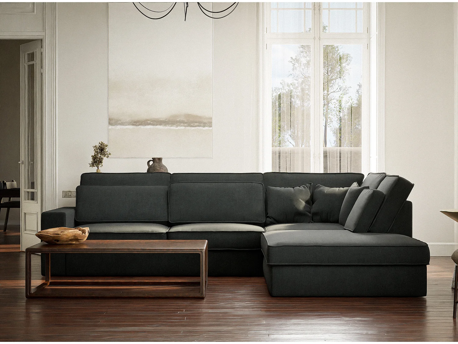 Canapé d'angle droit 5 places en tissu tressé turquoise KIROU