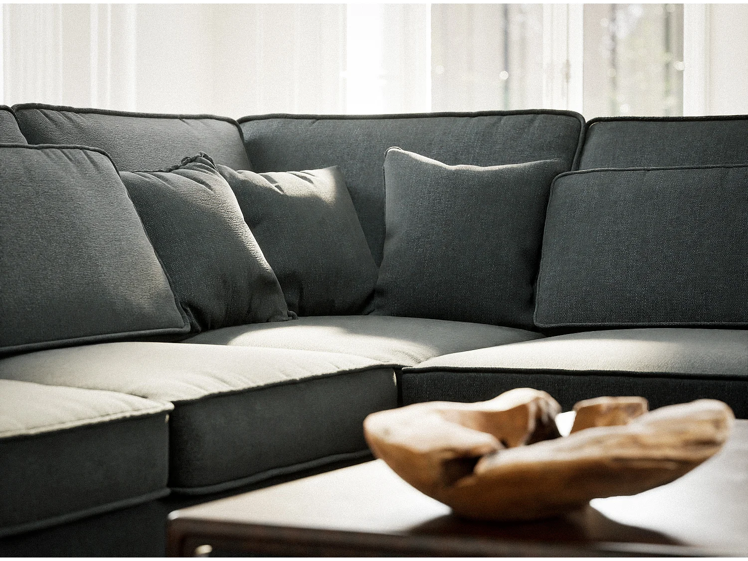 Canapé d'angle droit 5 places en tissu tressé turquoise KIROU