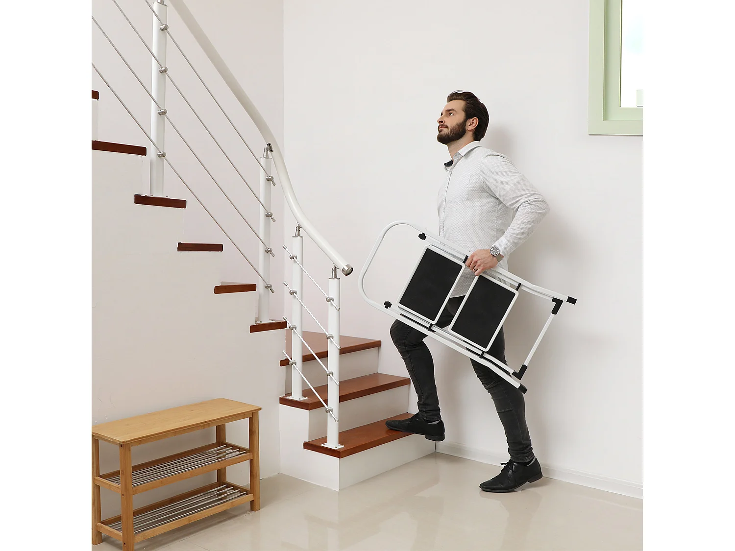 Songmics GSL12WT Folding Step Ladder with 2 Steps, Folding Section, Safety Locking Mechanism, Easy to Store, Load Capacity 150 kg, TÜV Rheinland-Tested to EN14183