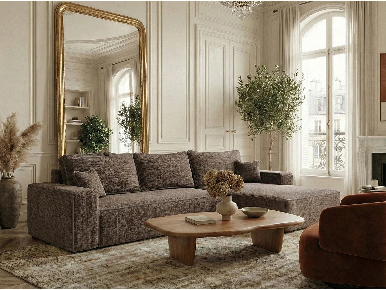 Canapé d'angle droit convertible en tissu chenille brun MODO