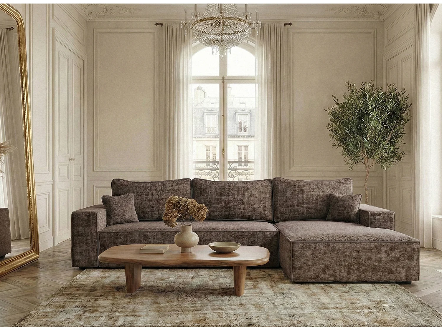 Canapé d'angle droit convertible en tissu chenille brun MODO