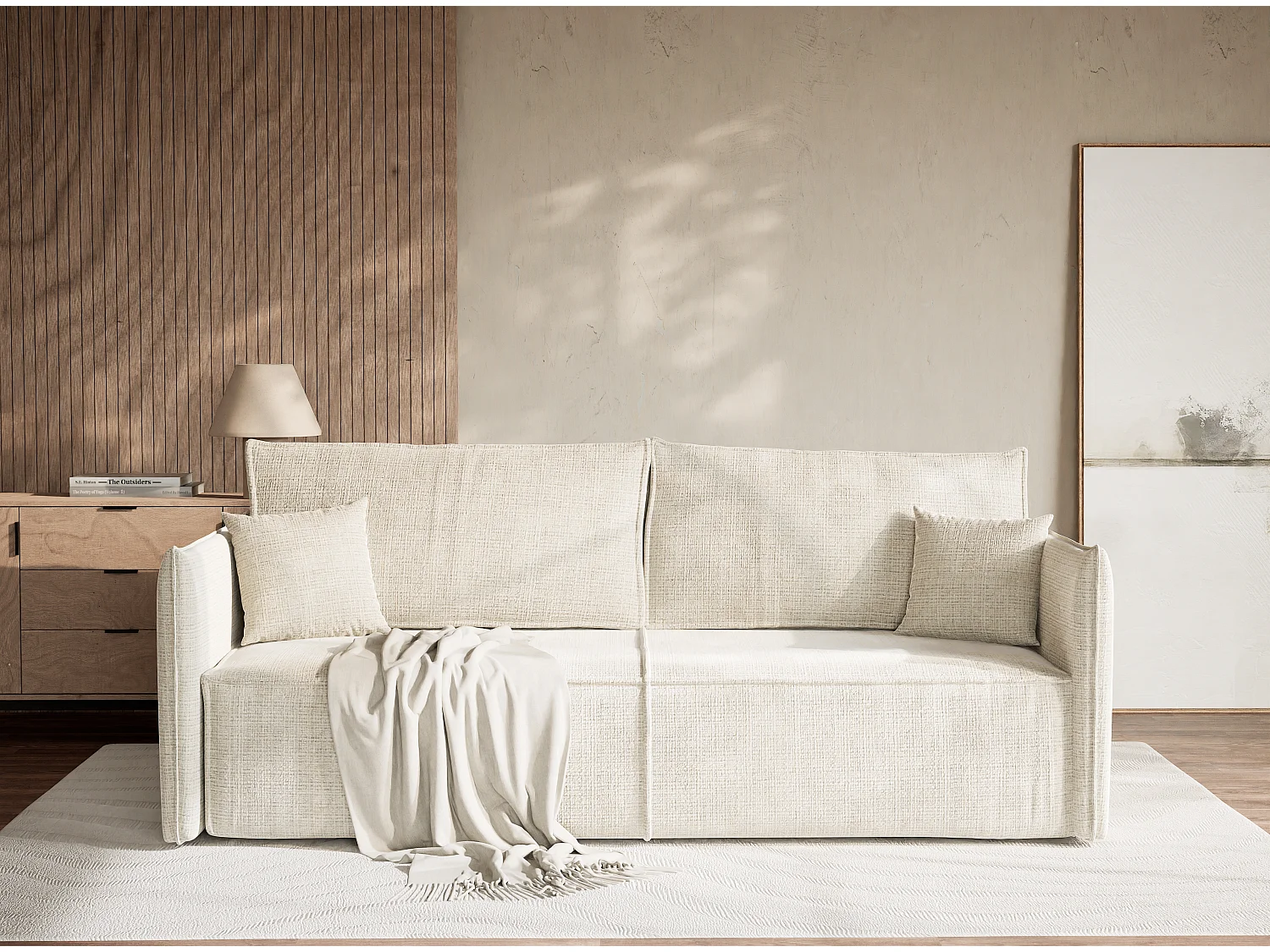 Canapé 3 places convertible en tissu chenille beige gris OBRA