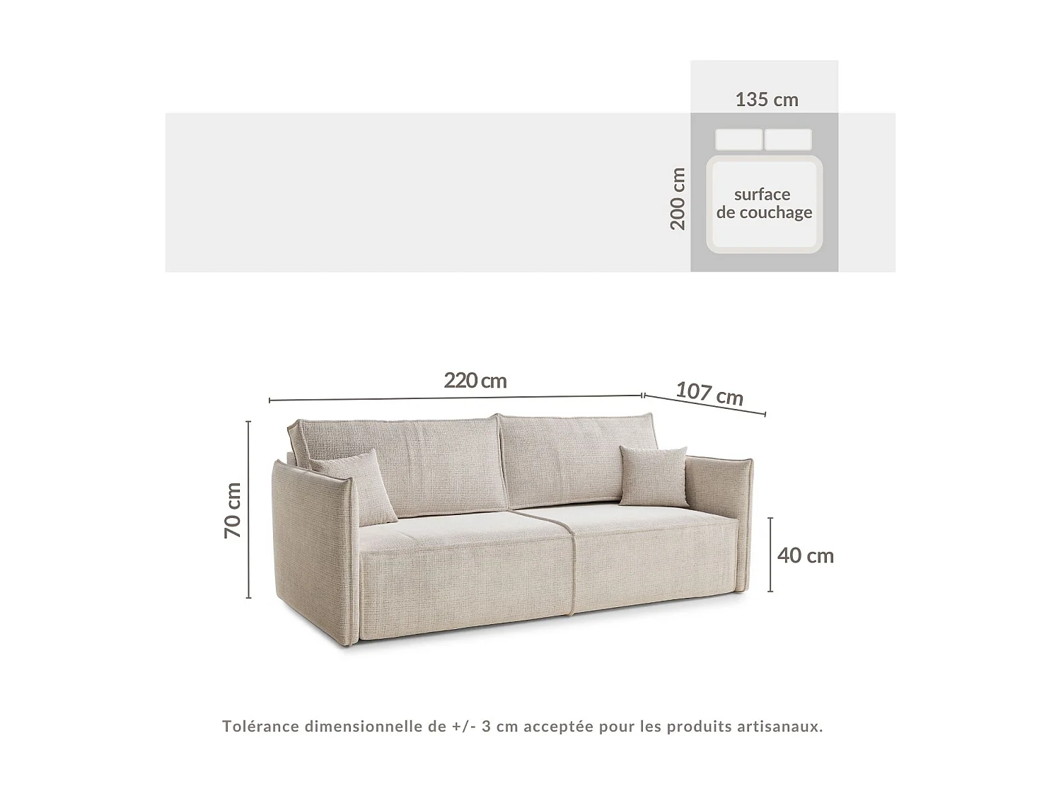 Canapé 3 places convertible en tissu chenille beige gris OBRA