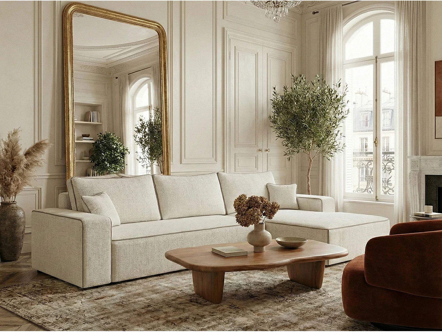 Canapé d'angle droit convertible en tissu chenille ivoire-beige MODO