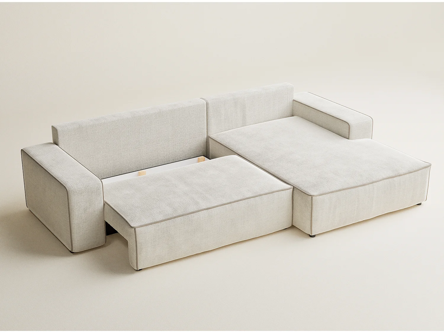 Canapé d'angle droit convertible en tissu chenille ivoire-beige MODO