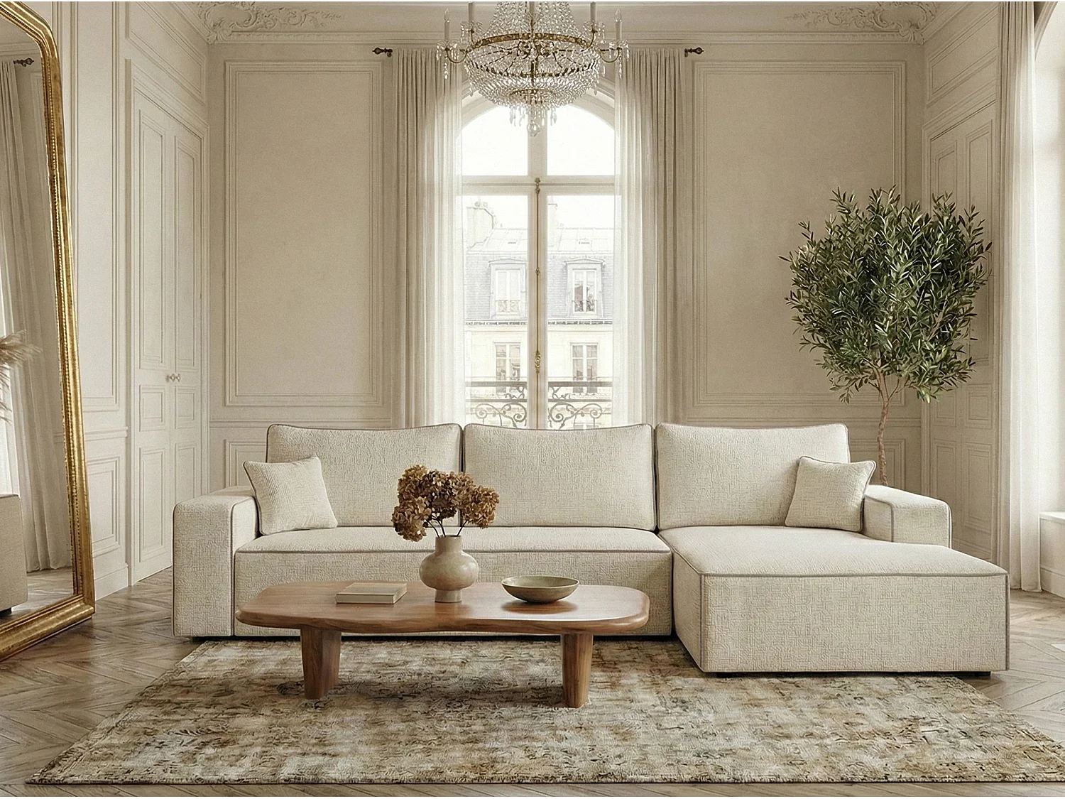 Canapé d'angle droit convertible en tissu chenille ivoire-beige MODO