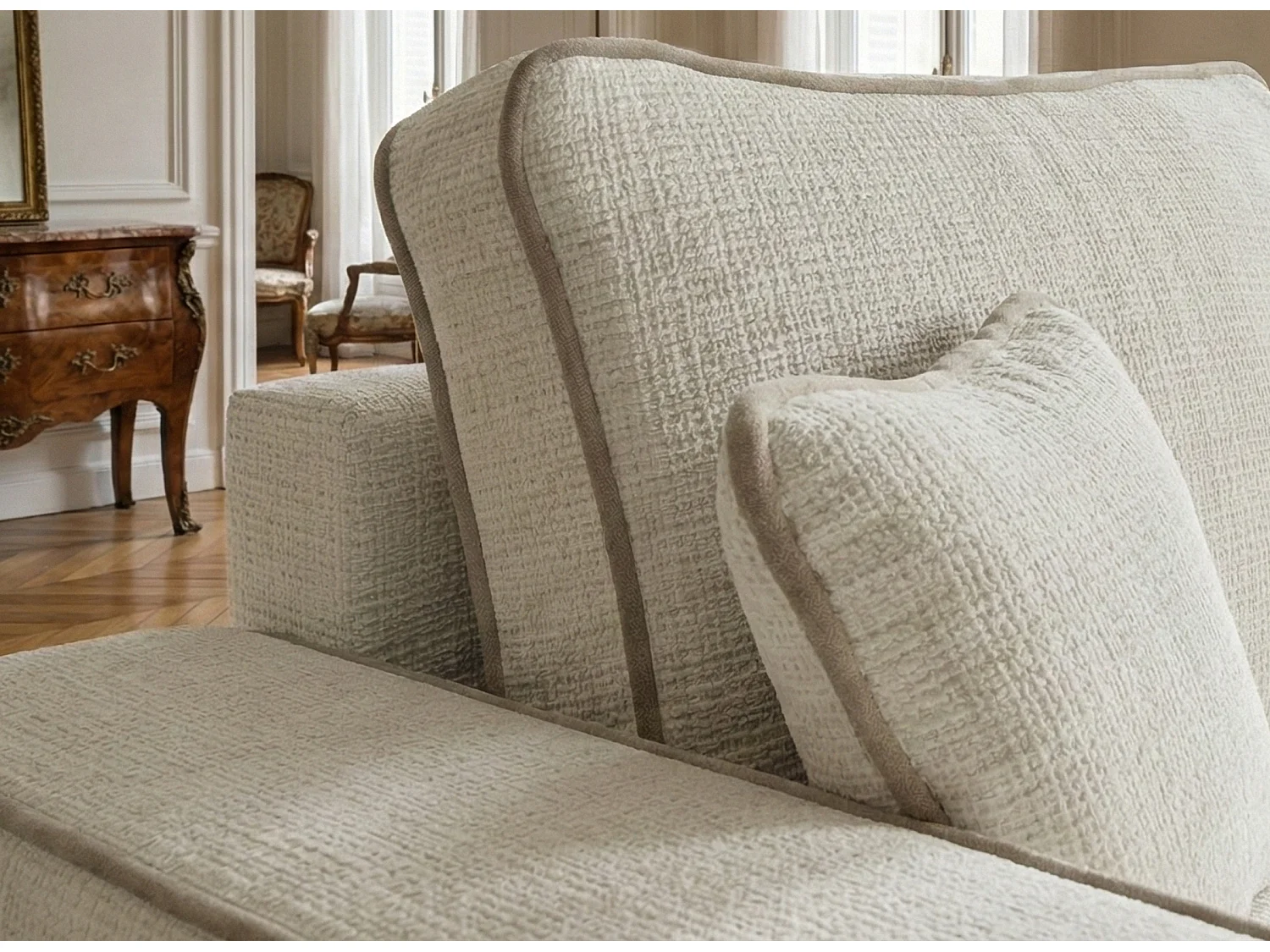 Canapé d'angle droit convertible en tissu chenille ivoire-beige MODO