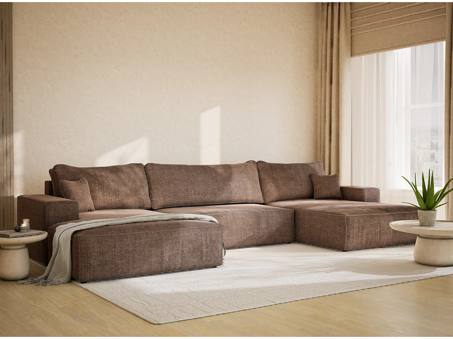 Canapé d'angle panoramique convertible en tissu chenille brun DESEO