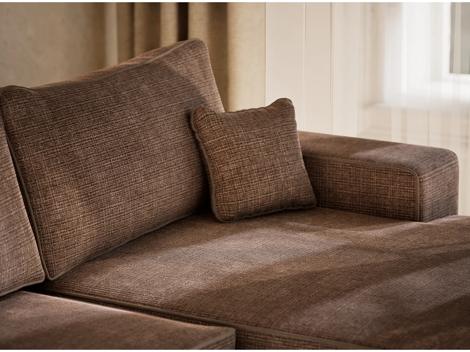 Canapé d'angle panoramique convertible en tissu chenille brun DESEO