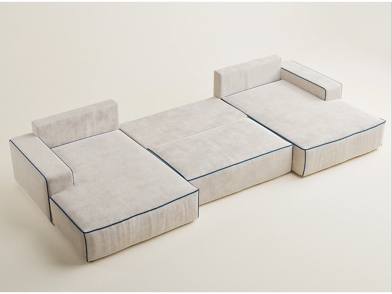 Canapé d'angle panoramique convertible en tissu chenille creme-bleu foncé DESEO