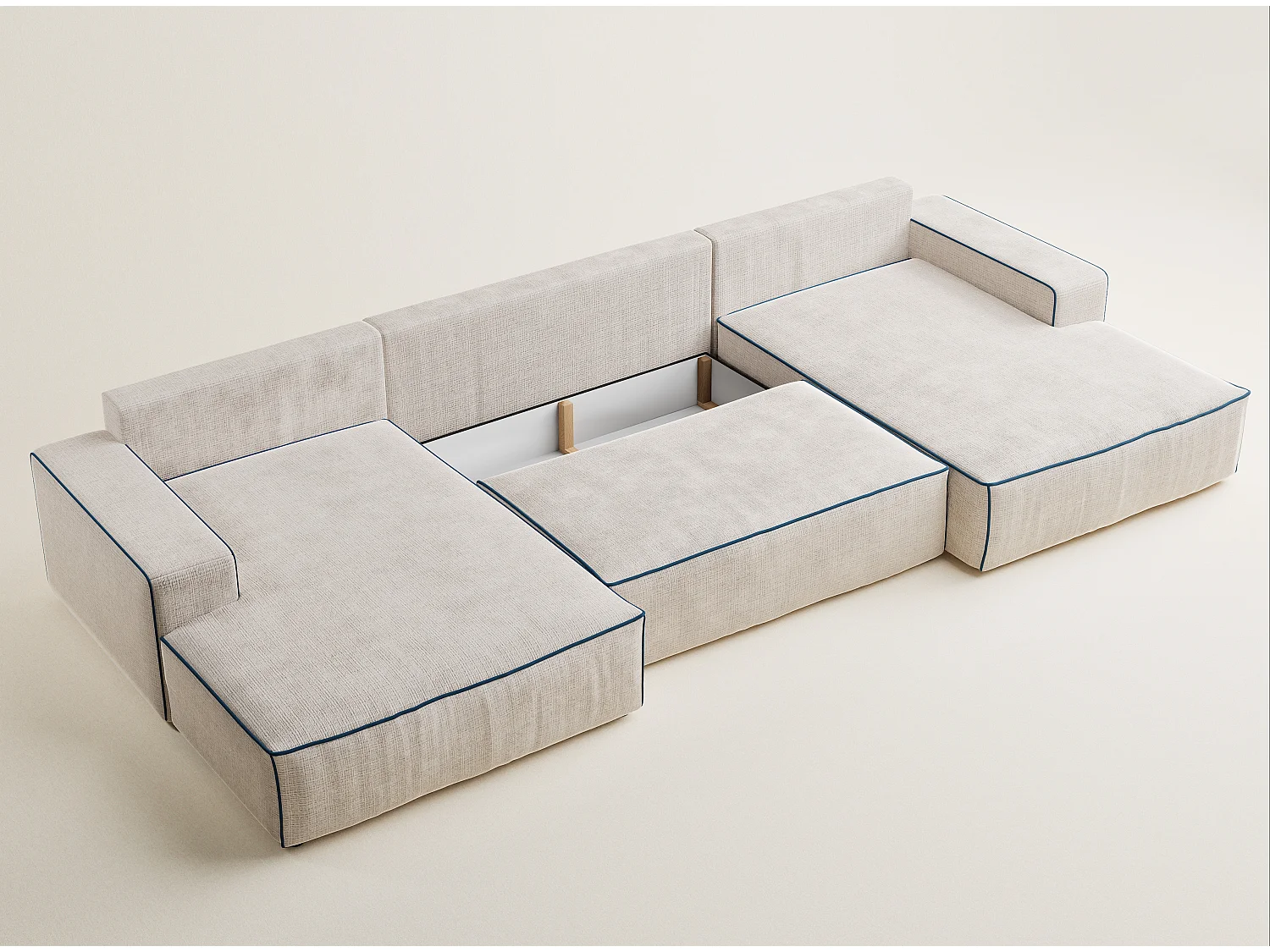 Canapé d'angle panoramique convertible en tissu chenille creme-bleu foncé DESEO