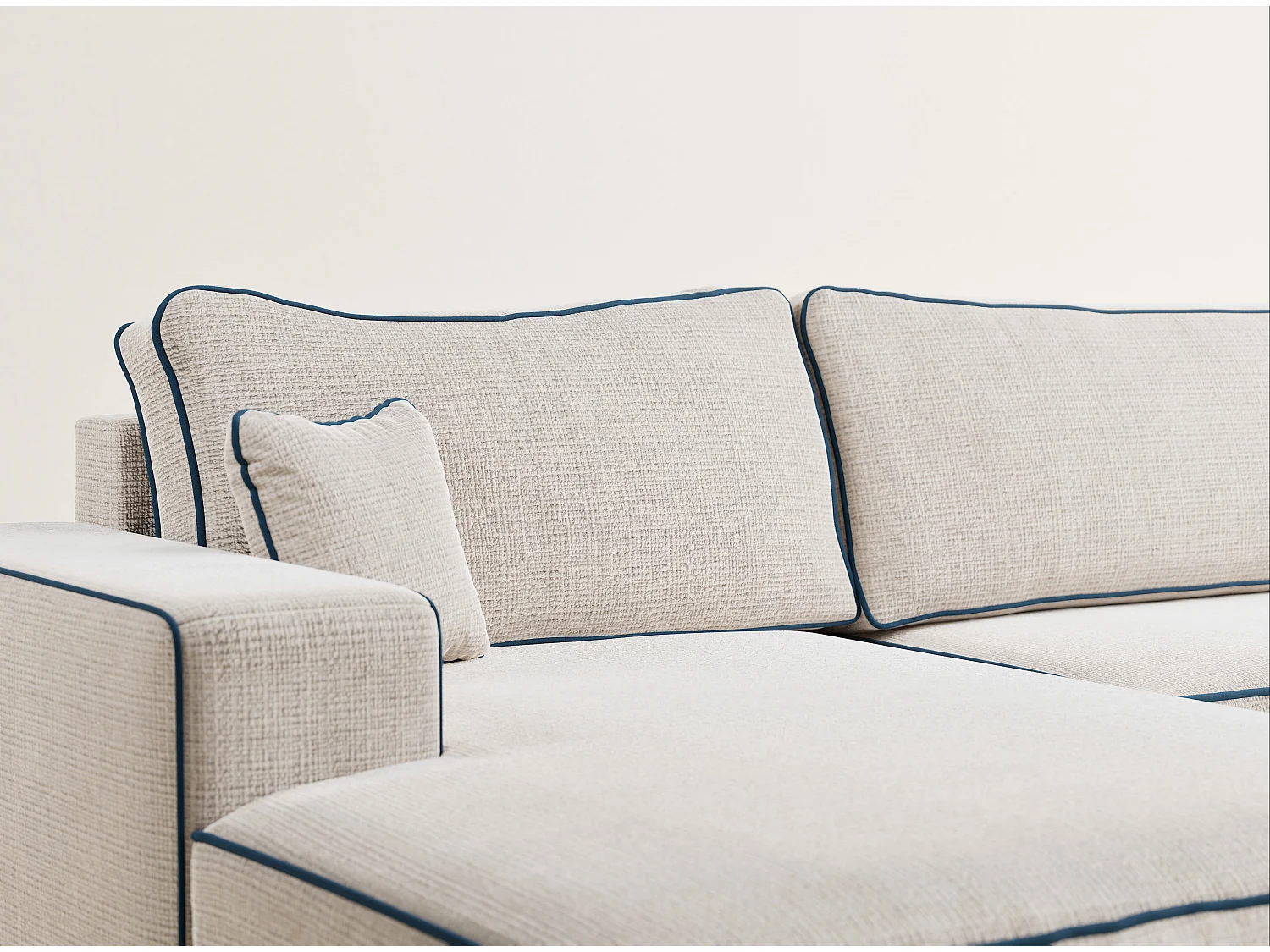 Canapé d'angle panoramique convertible en tissu chenille creme-bleu foncé DESEO