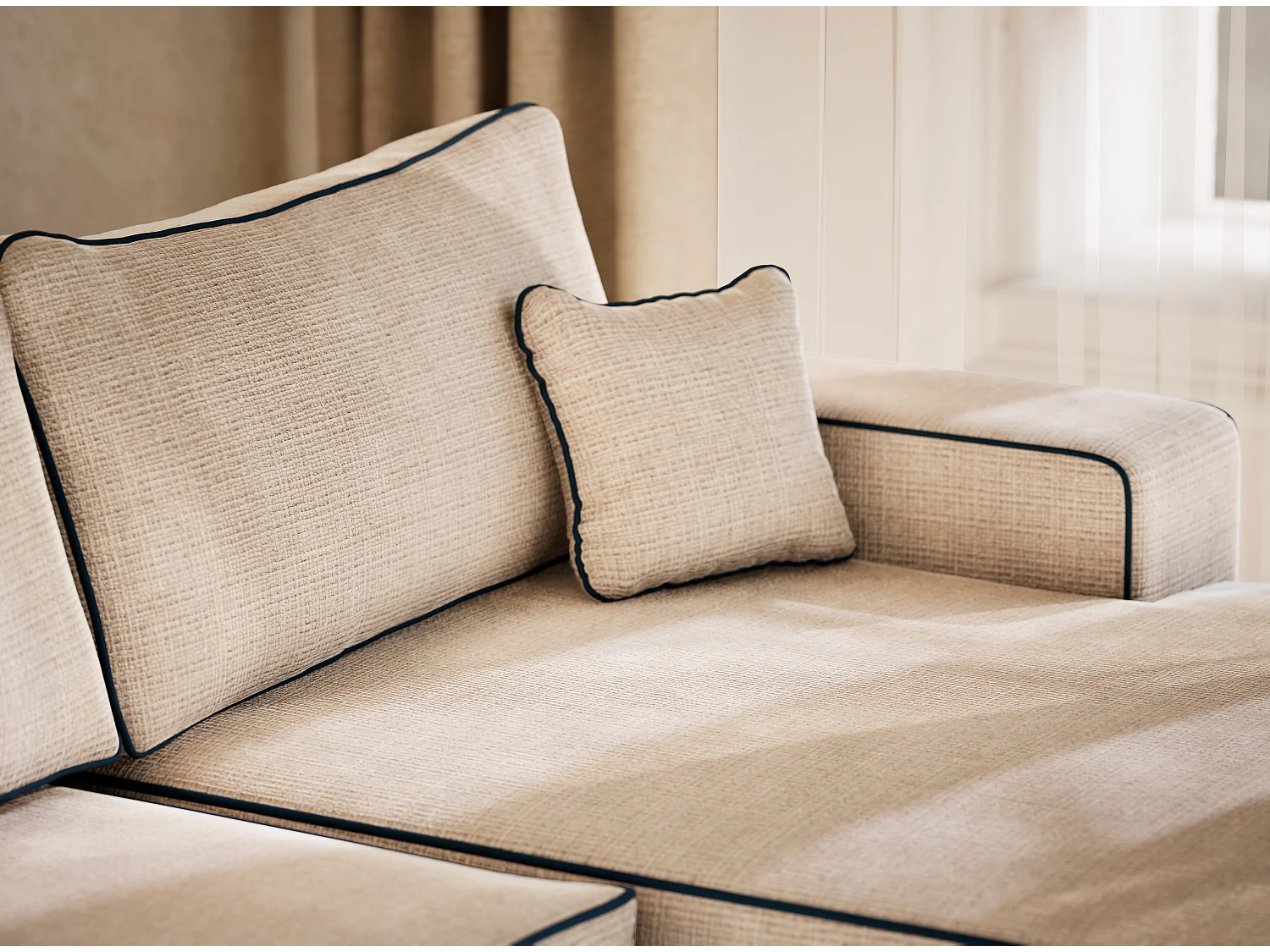 Canapé d'angle panoramique convertible en tissu chenille creme-bleu foncé DESEO