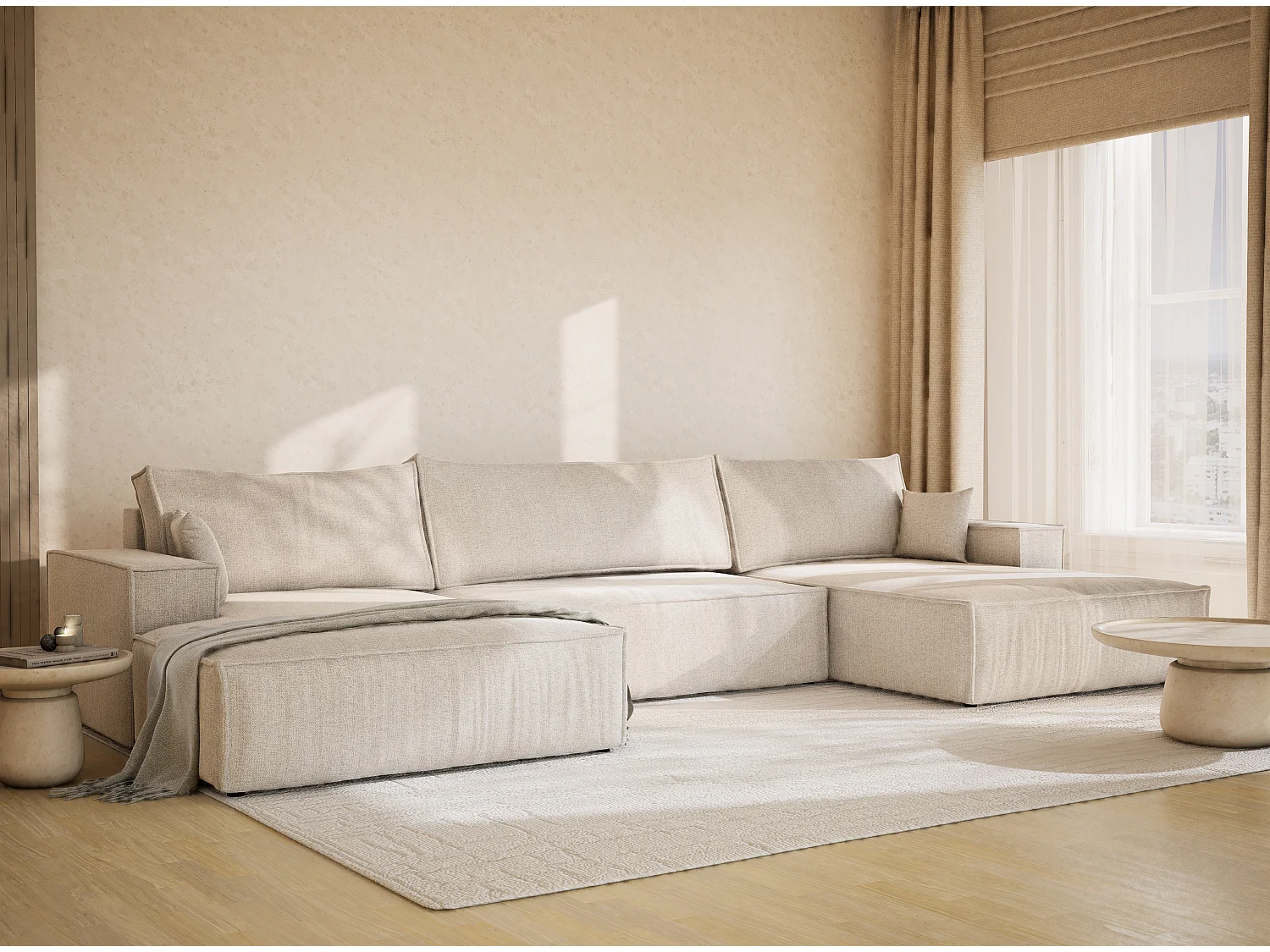 Canapé d'angle panoramique avec fonction lit en tissu tressé beige clair KYOTO