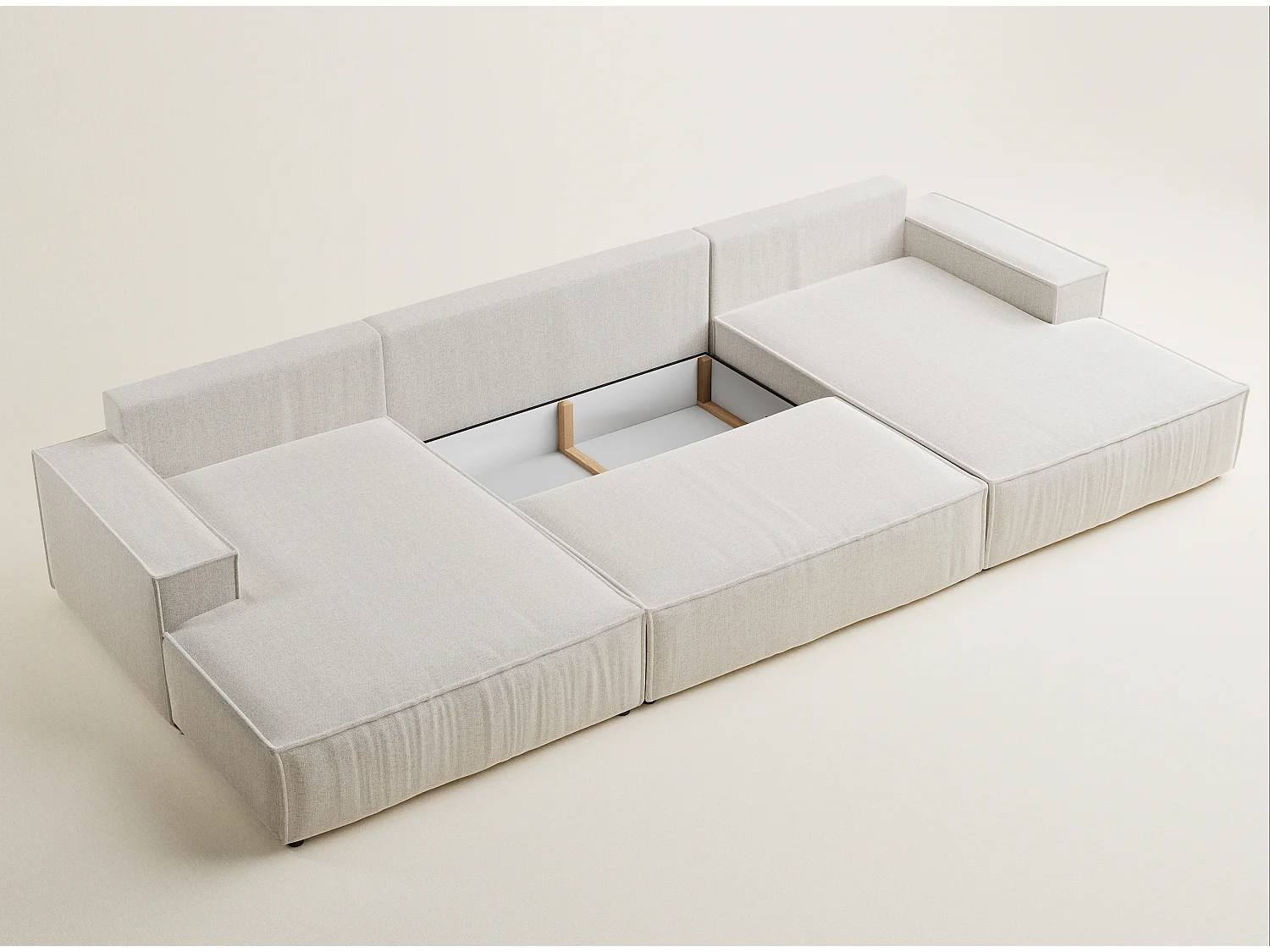 Canapé d'angle panoramique avec fonction lit en tissu tressé beige clair KYOTO