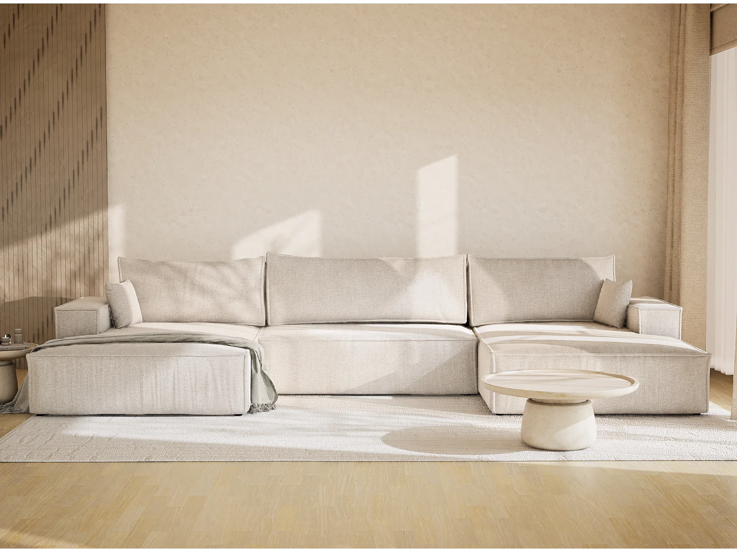 Canapé d'angle panoramique avec fonction lit en tissu tressé beige clair KYOTO