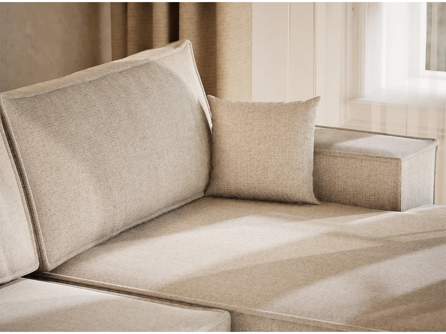 Canapé d'angle panoramique avec fonction lit en tissu tressé beige clair KYOTO