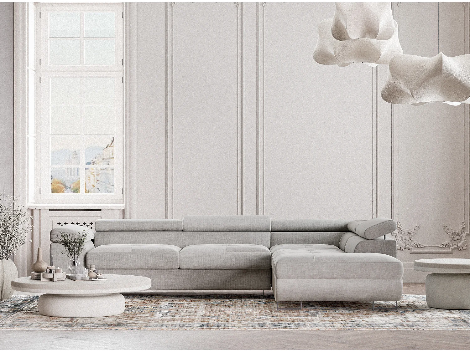 Canapé d'angle droit convertible en tissu chenille gris CONCORD