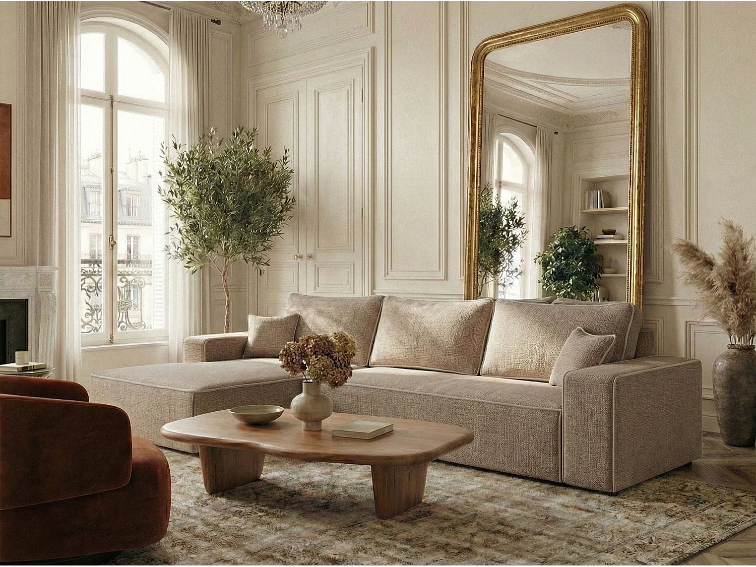 Canapé d'angle gauche convertible en tissu chenille beige MODO