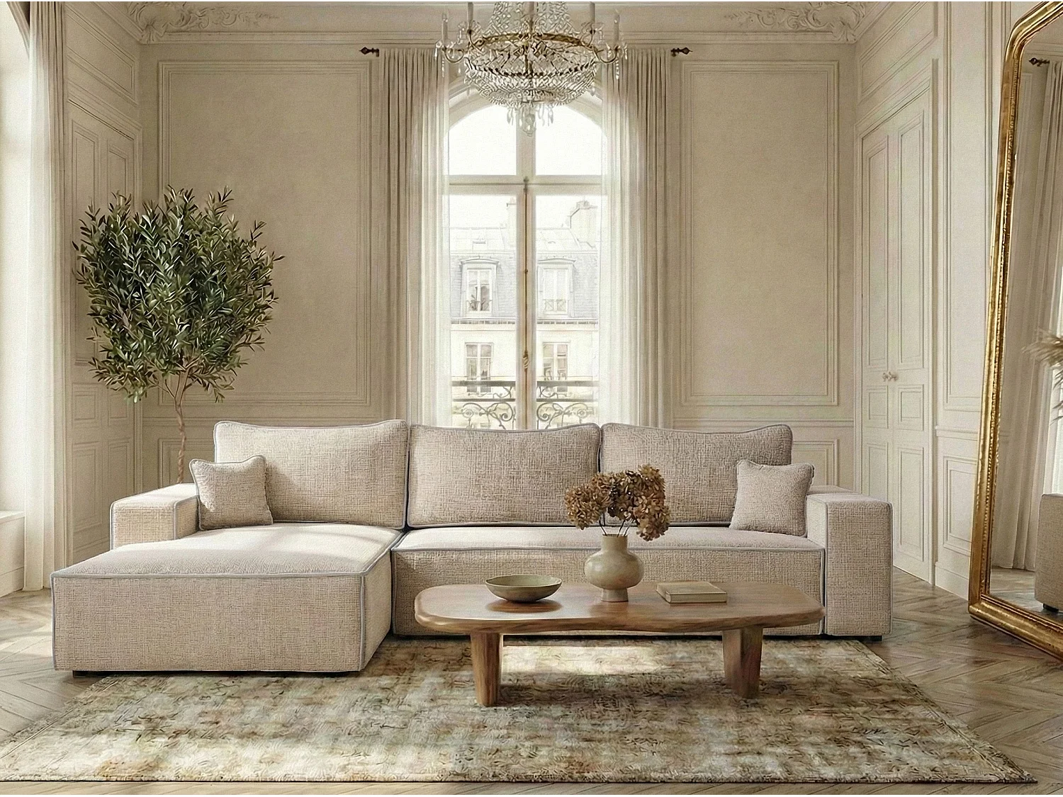 Canapé d'angle gauche convertible en tissu chenille beige MODO