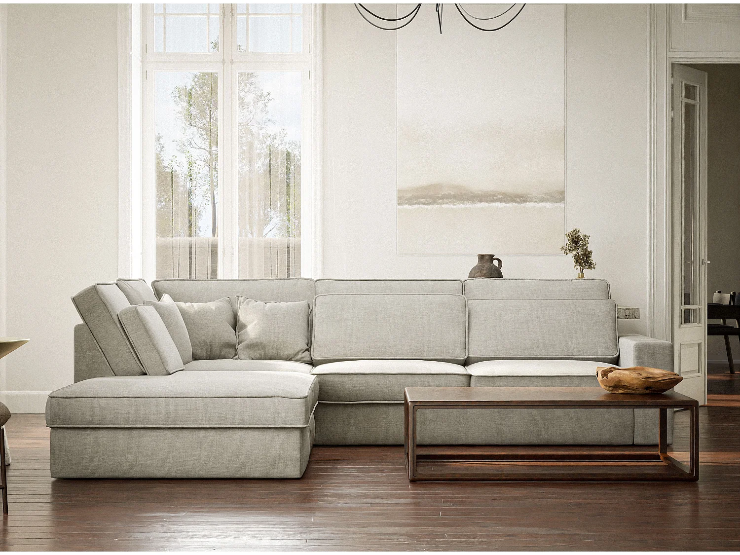 Canapé d'angle gauche 5 places en tissu chenille gris KIROU