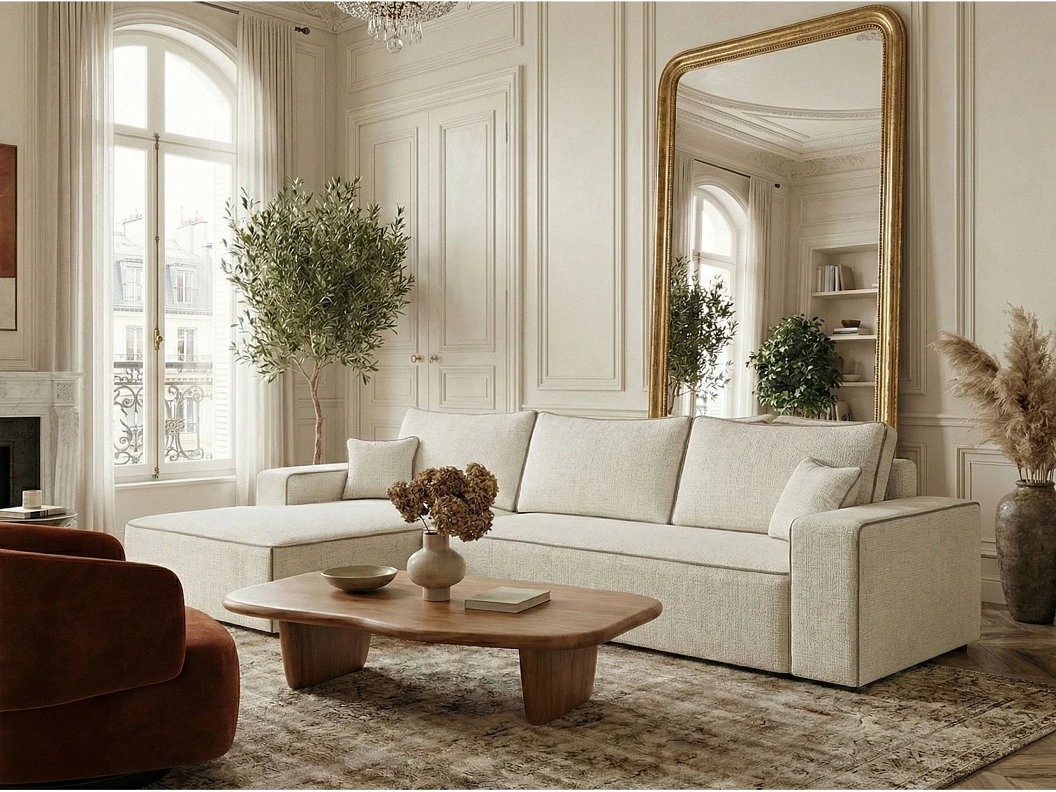 Canapé d'angle gauche convertible en tissu chenille ivoire-beige MODO