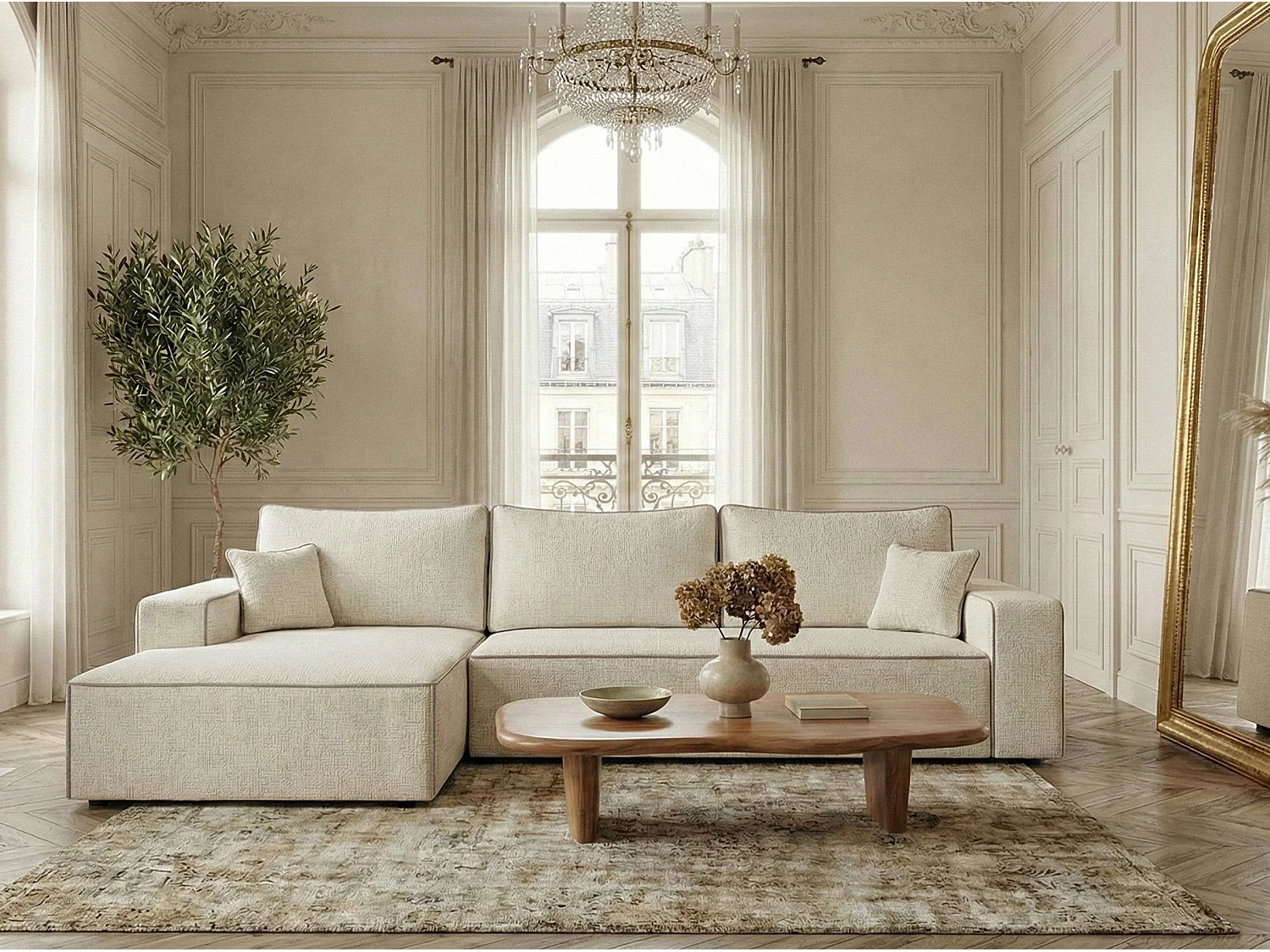 Canapé d'angle gauche convertible en tissu chenille ivoire-beige MODO